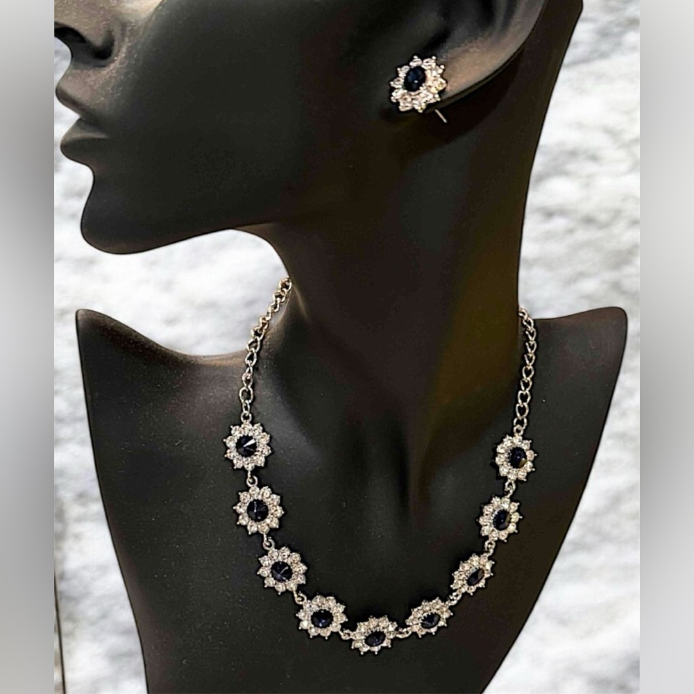 2pc Elegant Silver and Black Floral Necklace and Earring Set blue rhinestones